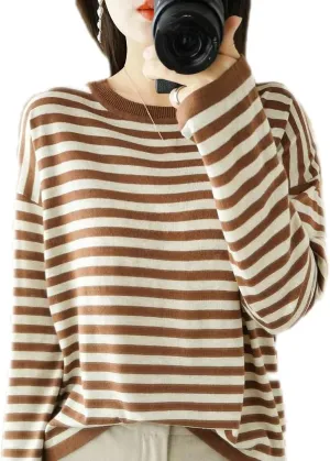 Autumn Winter Cashmere Sweater O-Neck Pullover Women's Striped Casual Long-Sleeved Loose Cashmere Sweater