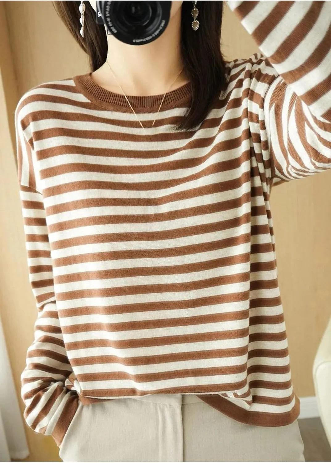 Autumn Winter Cashmere Sweater O-Neck Pullover Women's Striped Casual Long-Sleeved Loose Cashmere Sweater