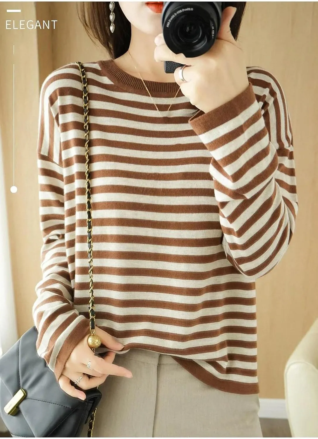 Autumn Winter Cashmere Sweater O-Neck Pullover Women's Striped Casual Long-Sleeved Loose Cashmere Sweater