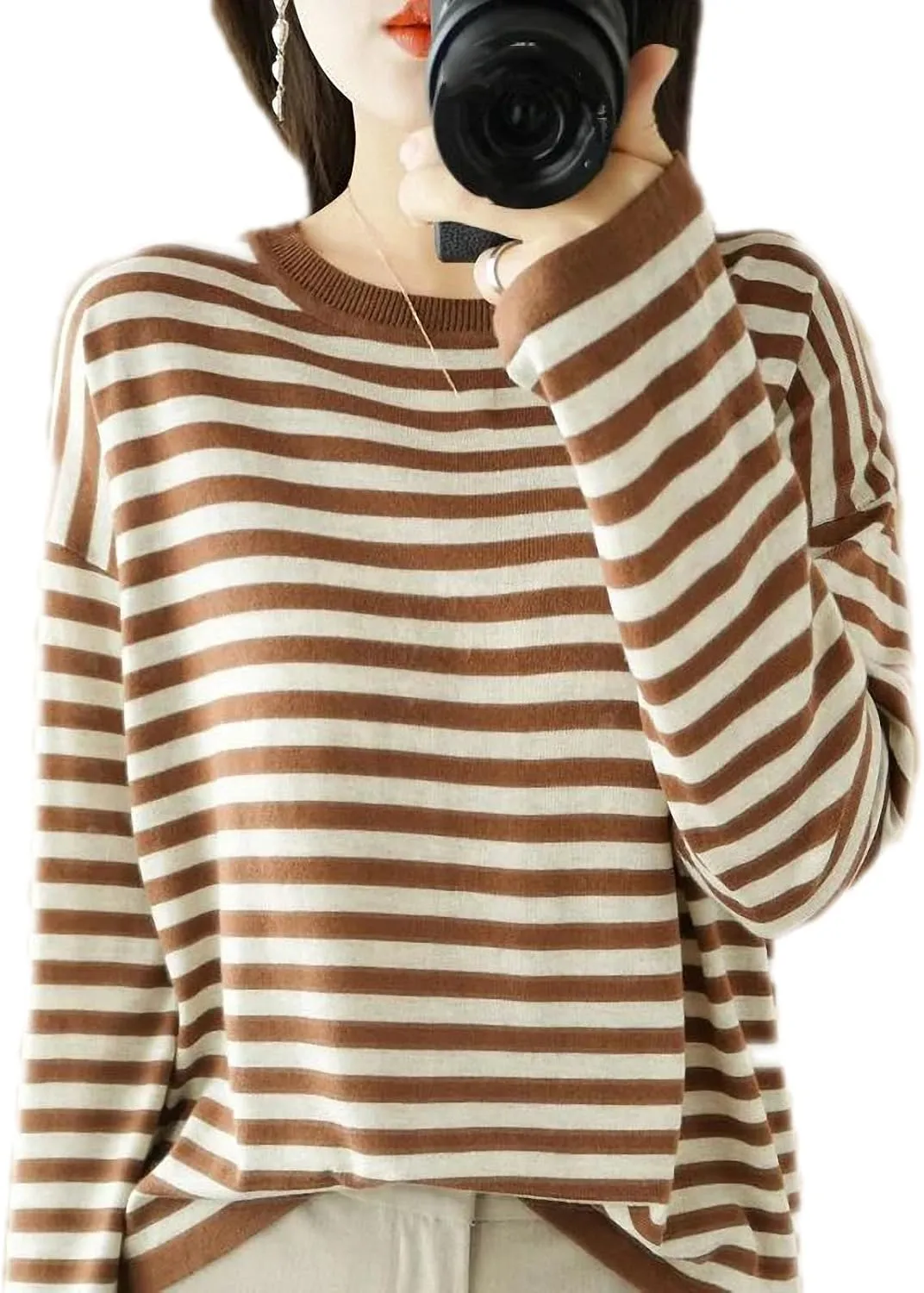 Autumn Winter Cashmere Sweater O-Neck Pullover Women's Striped Casual Long-Sleeved Loose Cashmere Sweater