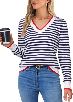 Blooming Jelly Womens Sweaters Striped V Neck Fall Outfits 2024Color Block Pullover Tops Winter Clothes