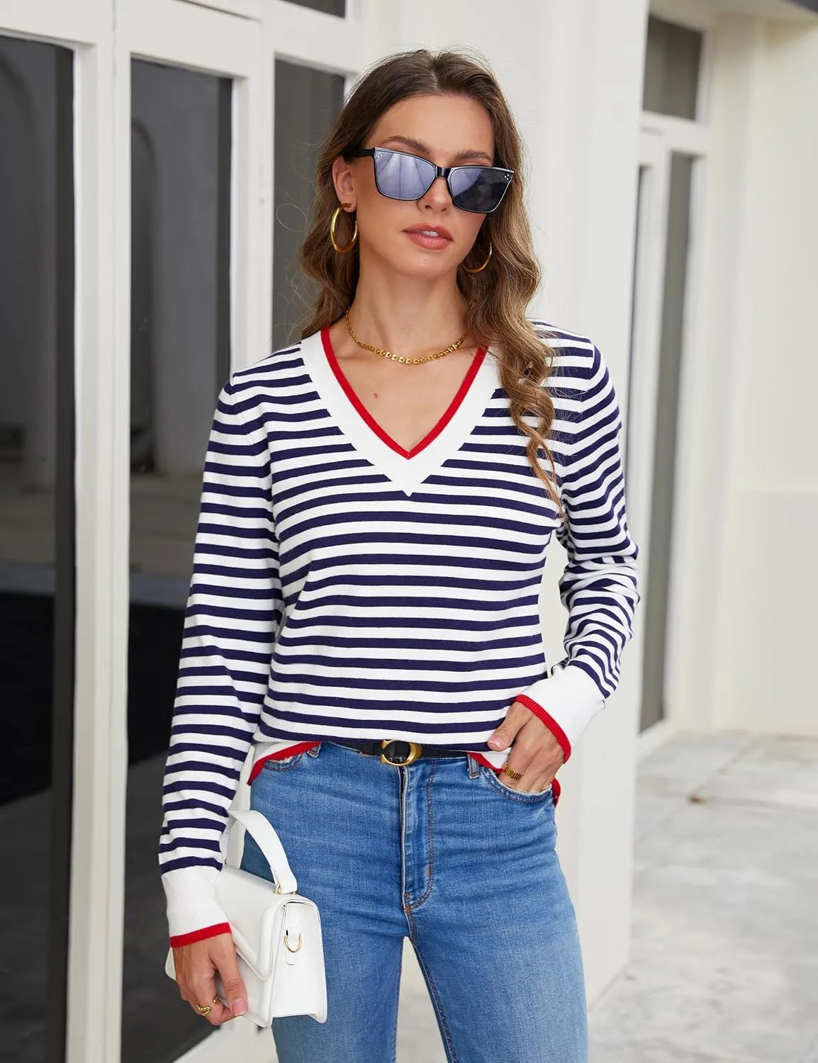 Blooming Jelly Womens Sweaters Striped V Neck Fall Outfits 2024Color Block Pullover Tops Winter Clothes