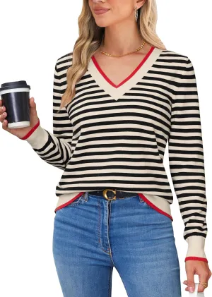 Blooming Jelly Womens Sweaters Striped V Neck Fall Outfits 2024Color Block Pullover Tops Winter Clothes