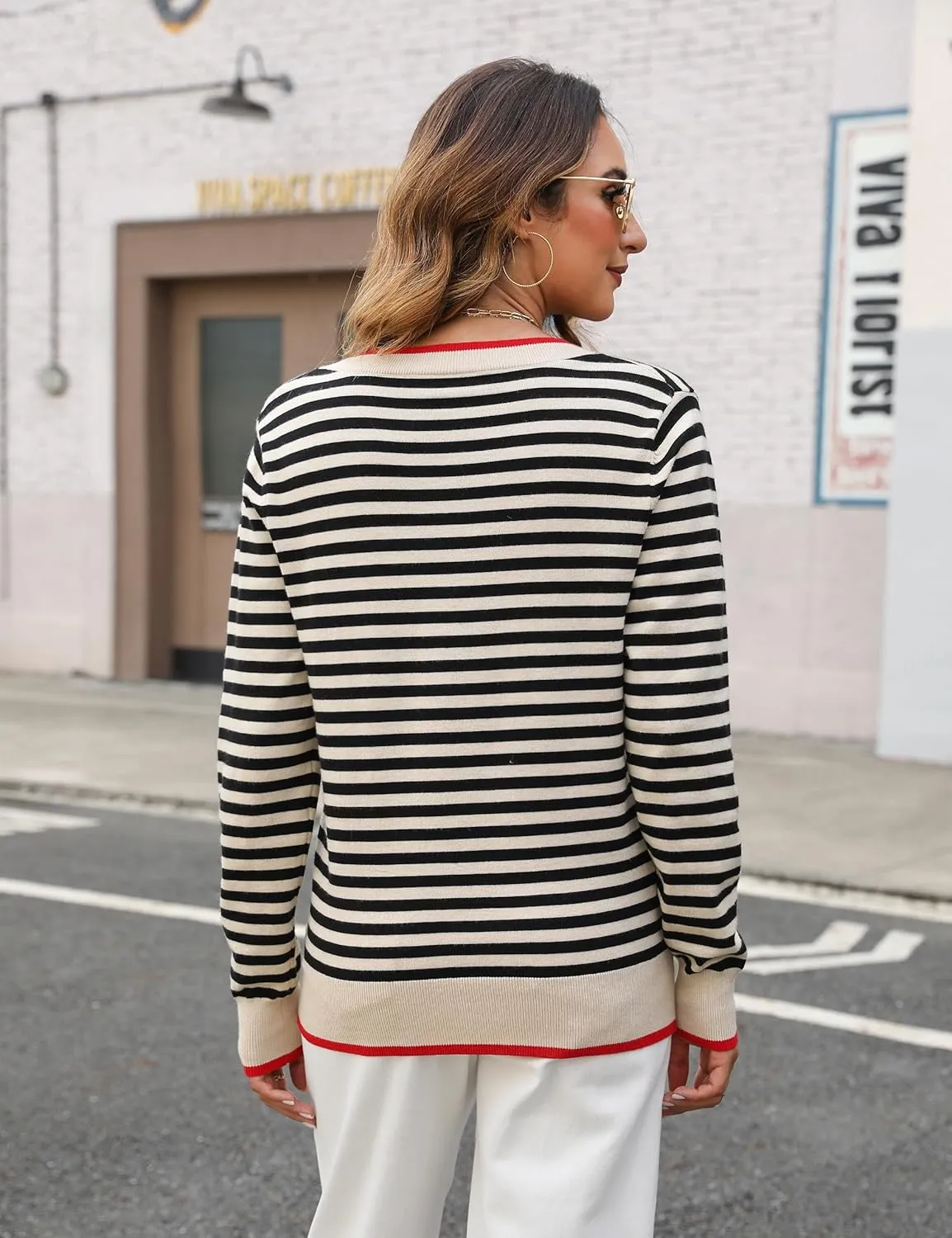 Blooming Jelly Womens Sweaters Striped V Neck Fall Outfits 2024Color Block Pullover Tops Winter Clothes