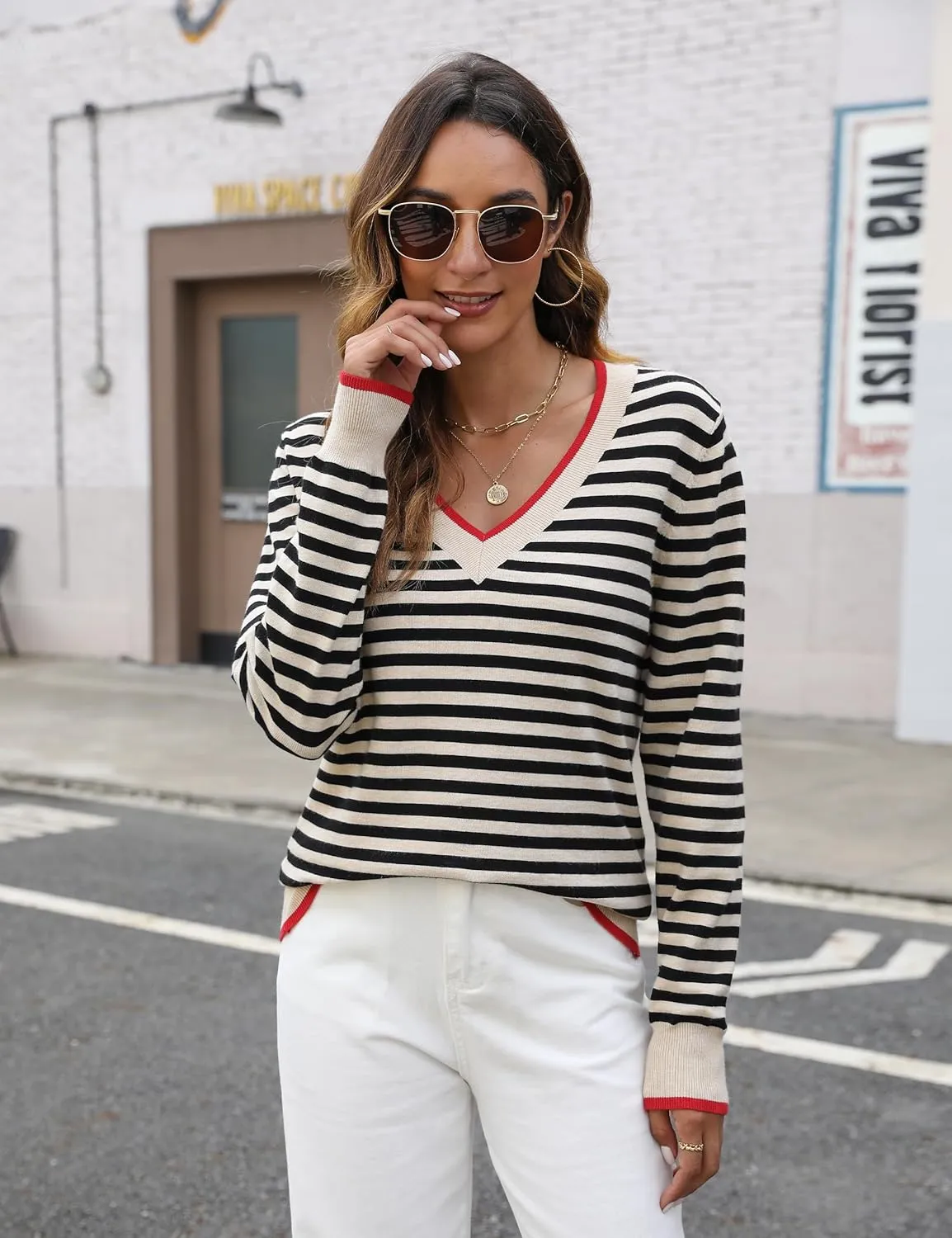 Blooming Jelly Womens Sweaters Striped V Neck Fall Outfits 2024Color Block Pullover Tops Winter Clothes