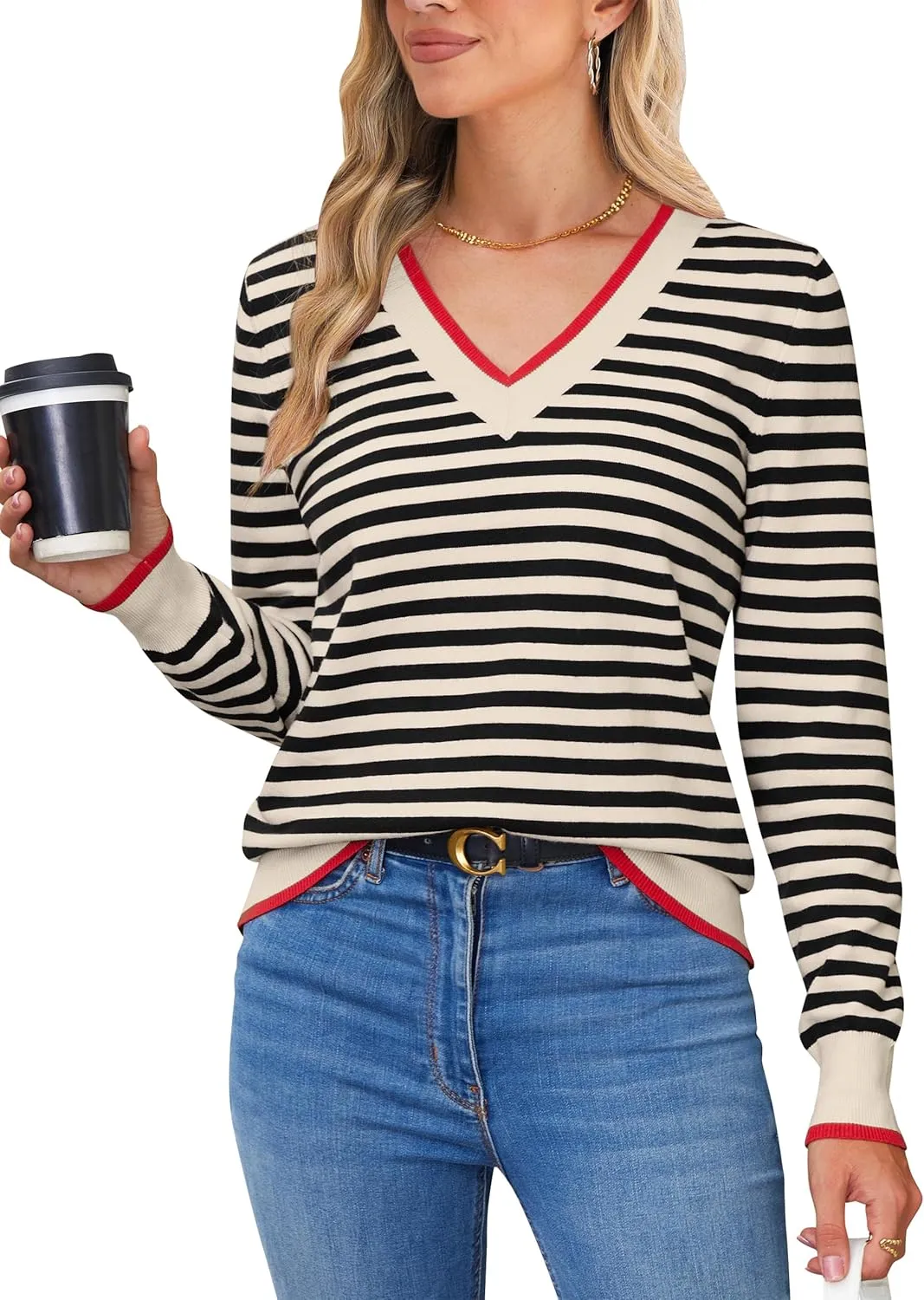 Blooming Jelly Womens Sweaters Striped V Neck Fall Outfits 2024Color Block Pullover Tops Winter Clothes