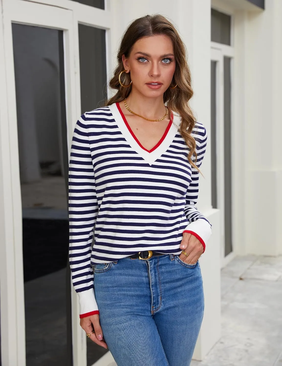 Blooming Jelly Womens Sweaters Striped V Neck Fall Outfits 2024Color Block Pullover Tops Winter Clothes