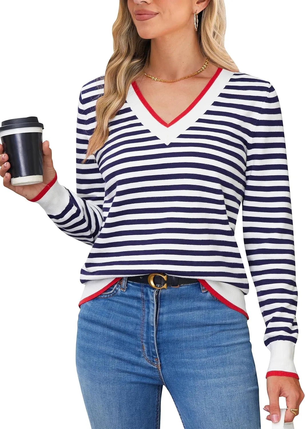 Blooming Jelly Womens Sweaters Striped V Neck Fall Outfits 2024Color Block Pullover Tops Winter Clothes
