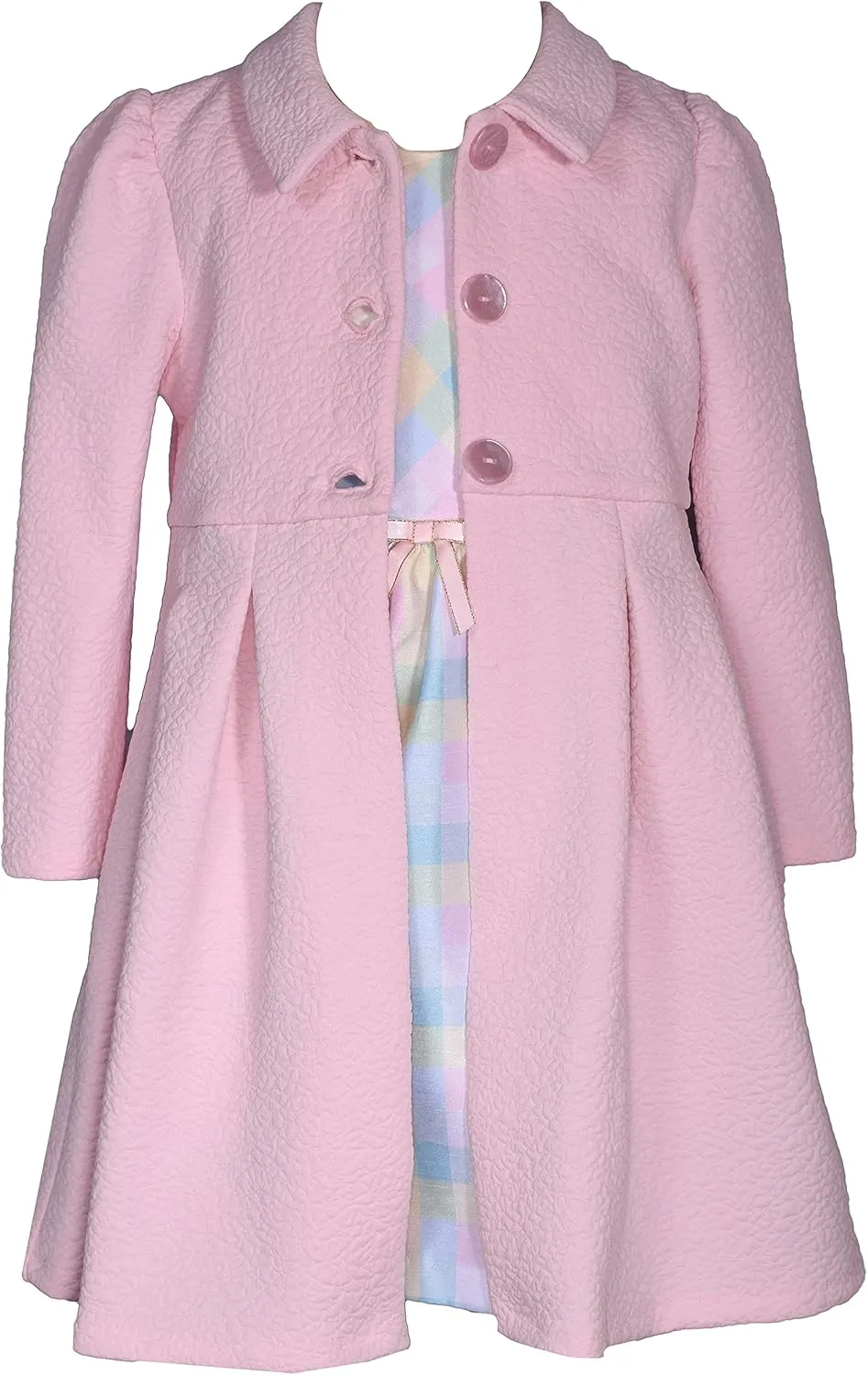 Bonnie Jean Girls Sleeveless Plaid Shantung Easter Dress & Textured Knit Collared Pink Coat 2-Piece Set
