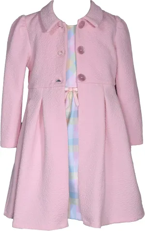 Bonnie Jean Girls Sleeveless Plaid Shantung Easter Dress & Textured Knit Collared Pink Coat 2-Piece Set