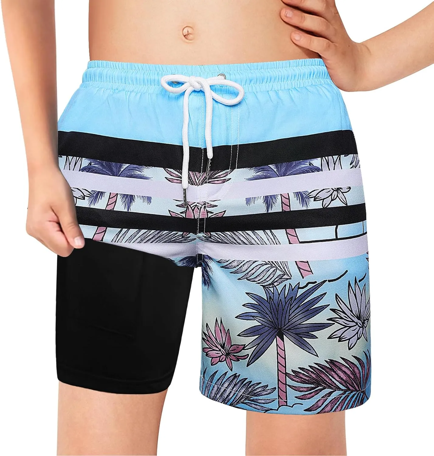 Boys Swim Trunks with Boxer Brief Liner Compression Swim Shorts Quick Dry Bathing Suit Swimwear 5-20 Years