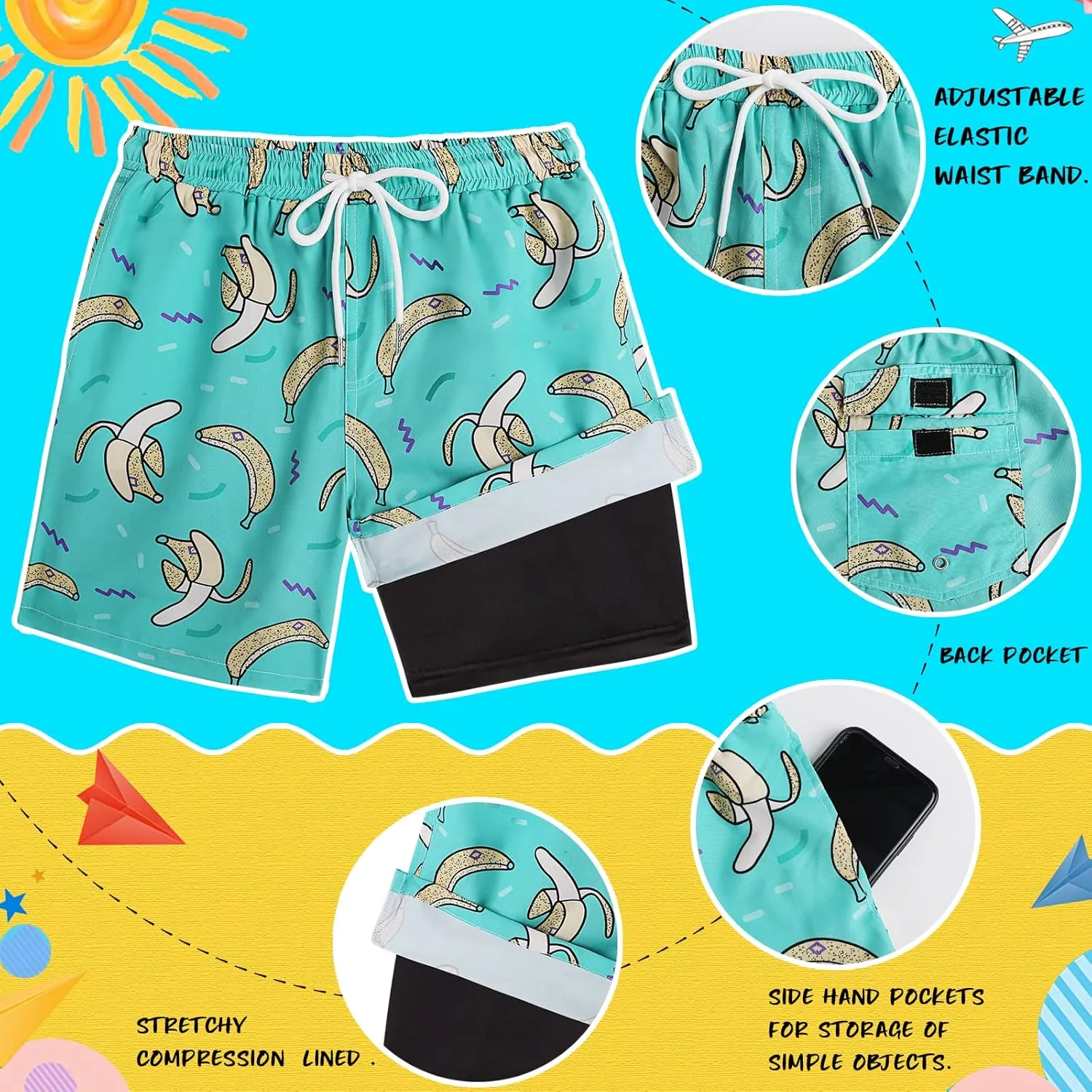 Boys Swim Trunks with Boxer Brief Liner Compression Swim Shorts Quick Dry Bathing Suit Swimwear 5-20 Years