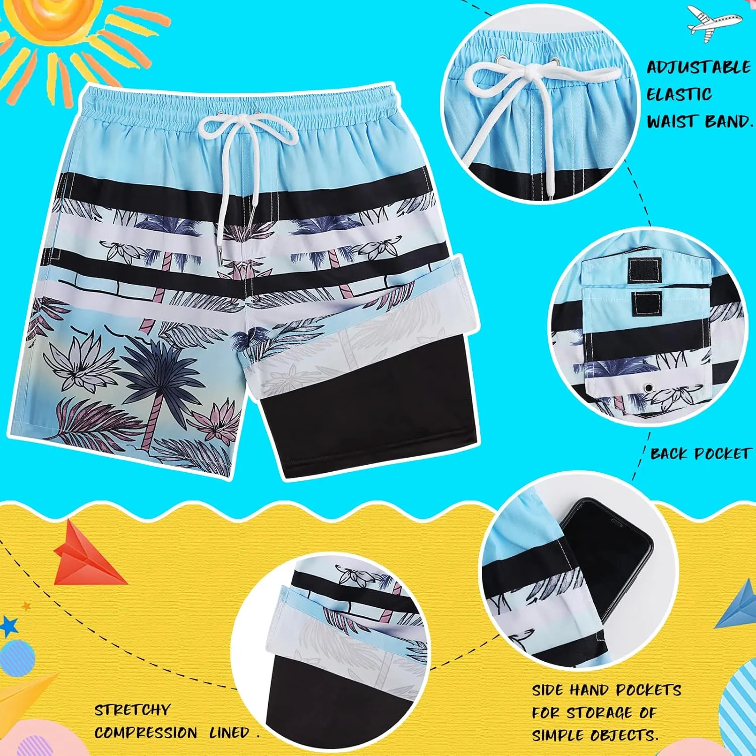 Boys Swim Trunks with Boxer Brief Liner Compression Swim Shorts Quick Dry Bathing Suit Swimwear 5-20 Years