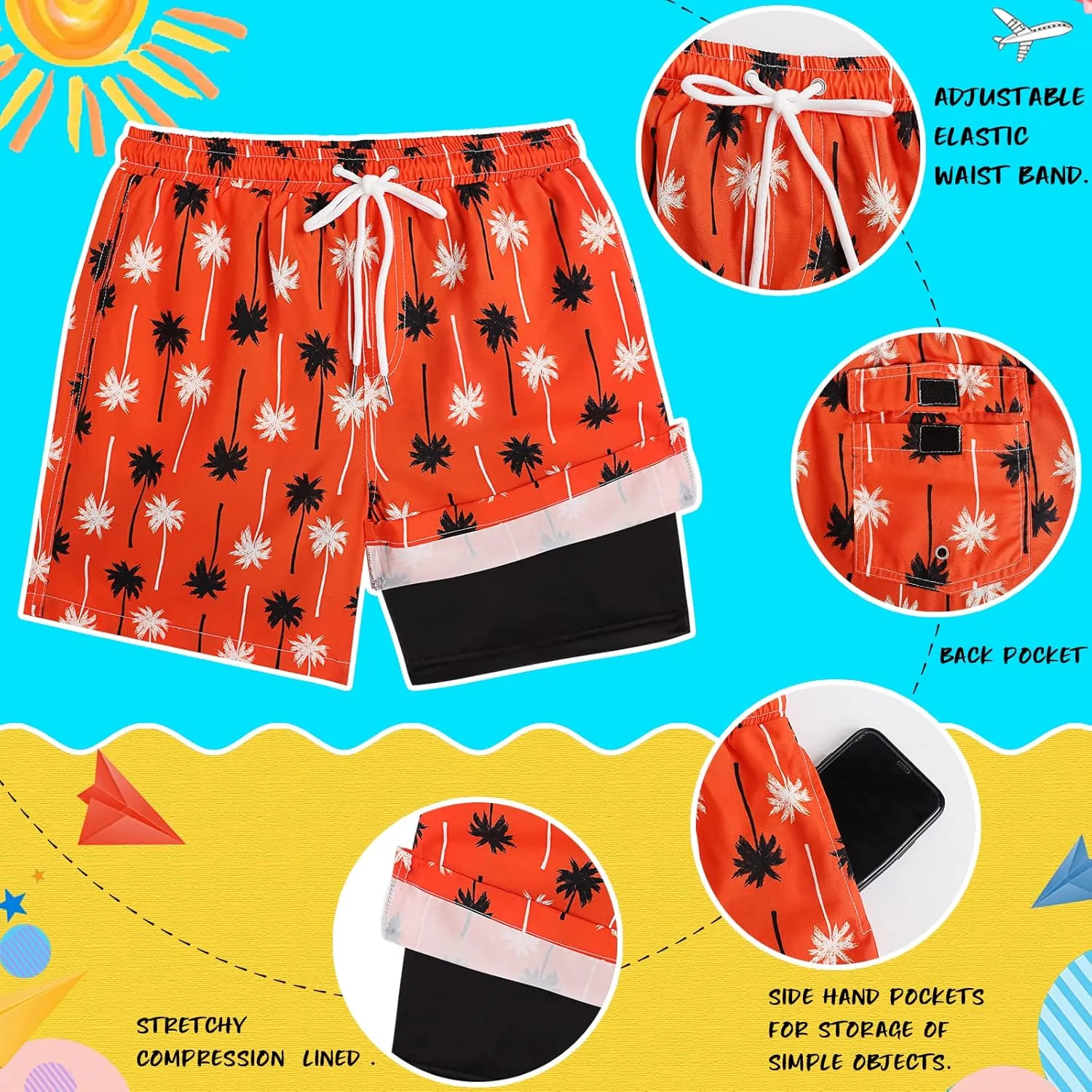 Boys Swim Trunks with Boxer Brief Liner Compression Swim Shorts Quick Dry Bathing Suit Swimwear 5-20 Years
