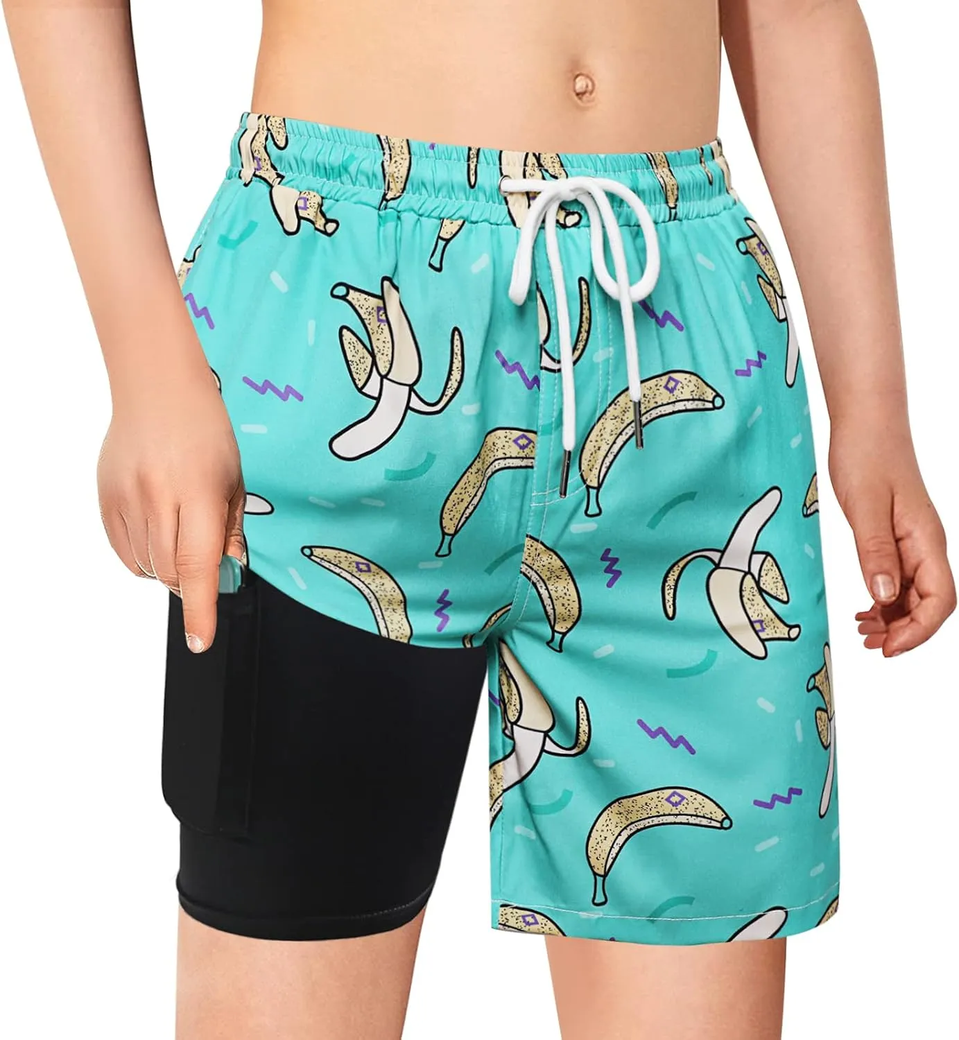 Boys Swim Trunks with Boxer Brief Liner Compression Swim Shorts Quick Dry Bathing Suit Swimwear 5-20 Years