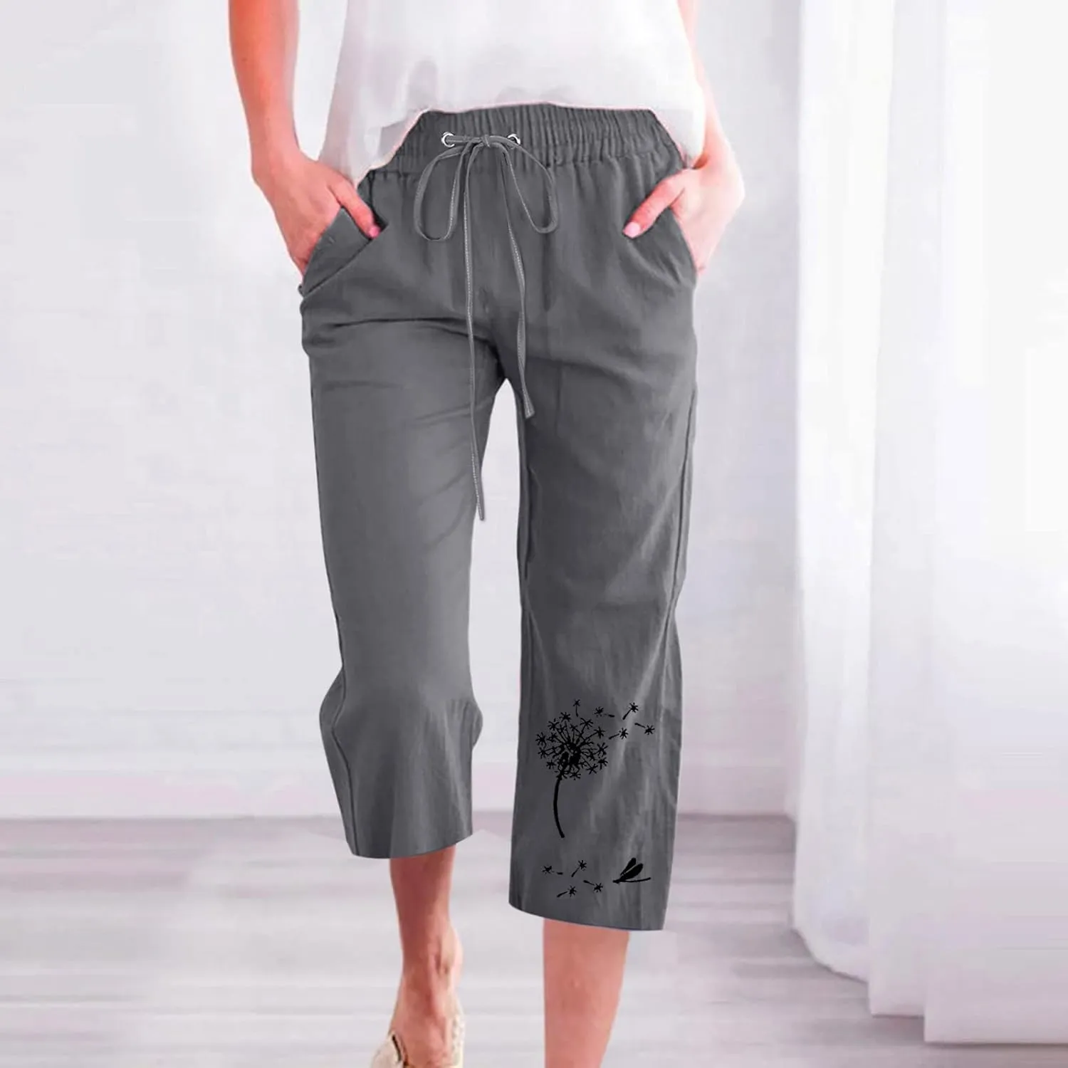 Ceboyel Women Linen Summer Pants Dandelion Pattern Capri Pants Drawstring Cropped Pants High Waist Beach Trouser 2023