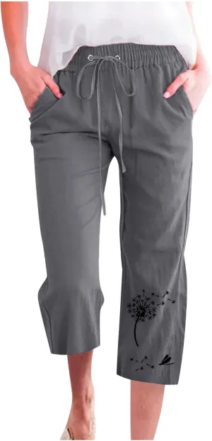 Ceboyel Women Linen Summer Pants Dandelion Pattern Capri Pants Drawstring Cropped Pants High Waist Beach Trouser 2023