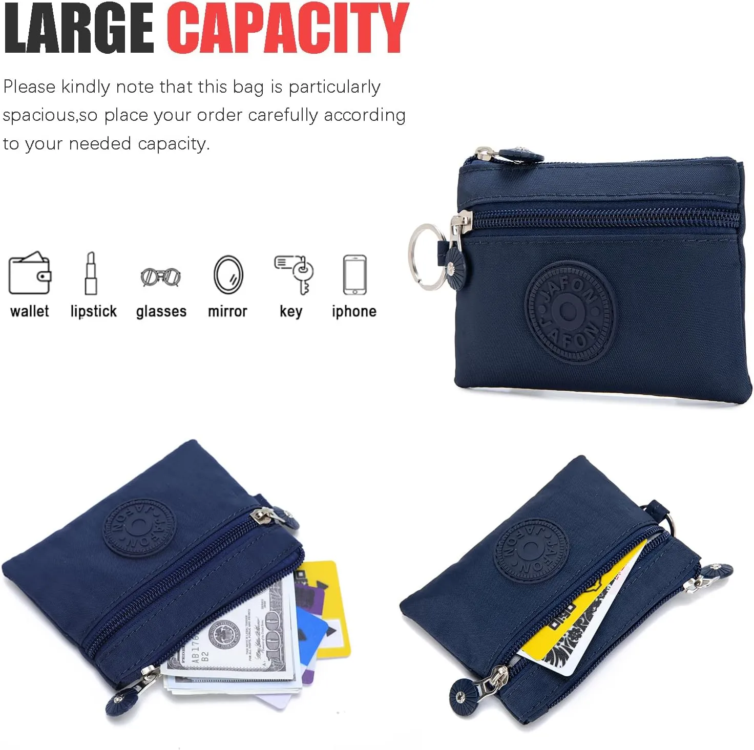 Coin Purse Change Pouch for Women 2 Layers Zipper Oxford Cloth Waterproof Purse (Blue)