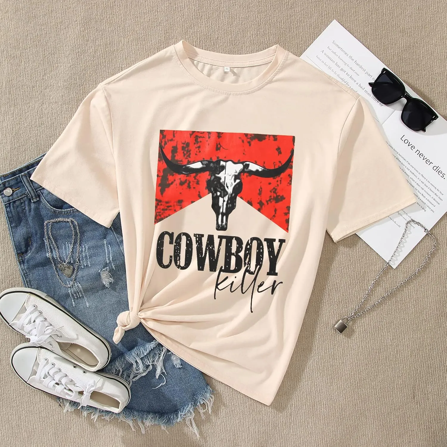 Cowboy Killer Shirt for Women Western Vintage Rodeo T-Shirt Retro Bull Skull Graphic Tee Summer Casual Short Sleeve Top