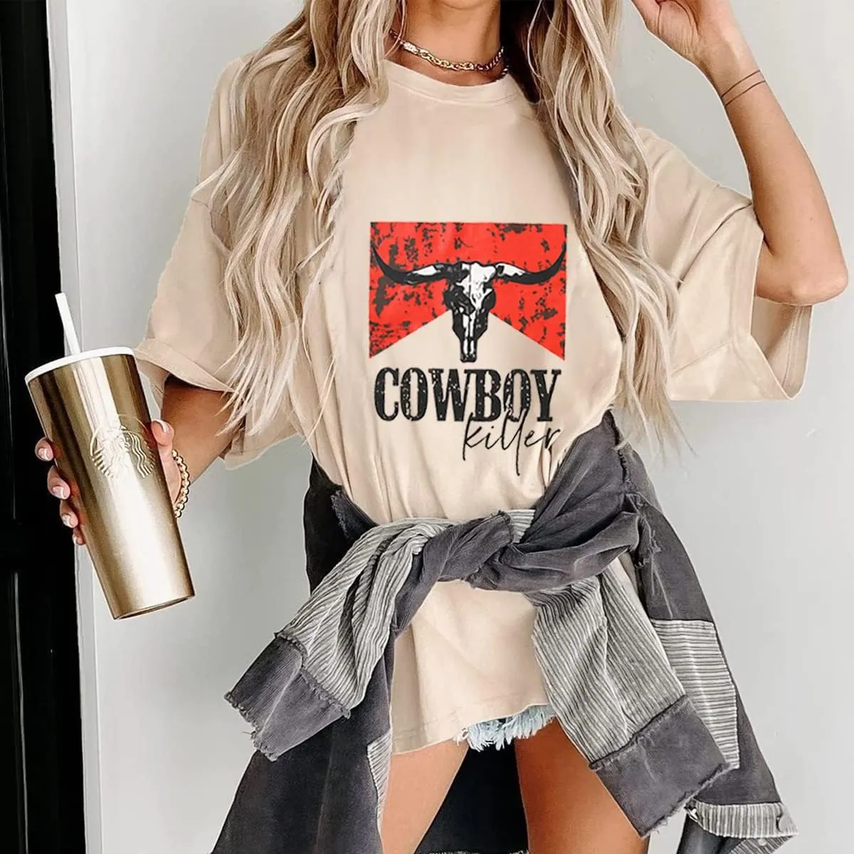 Cowboy Killer Shirt for Women Western Vintage Rodeo T-Shirt Retro Bull Skull Graphic Tee Summer Casual Short Sleeve Top
