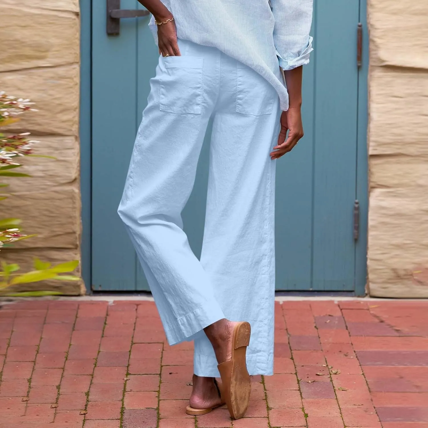 Cropped Linen Pants for Women Spring Summer Straight Leg Slacks Casual Wide Leg Daily Work Trousers with Pockets