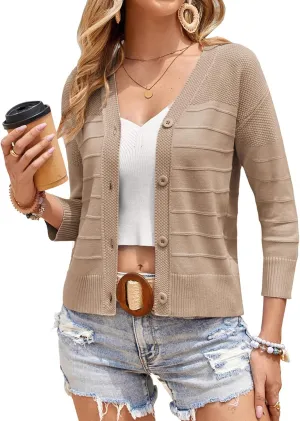 GRACE KARIN Women's Cropped Cardigan 3/4 Sleeve Button Down Bolero Shrug Knit Sweater Tops Open Front Lightweight