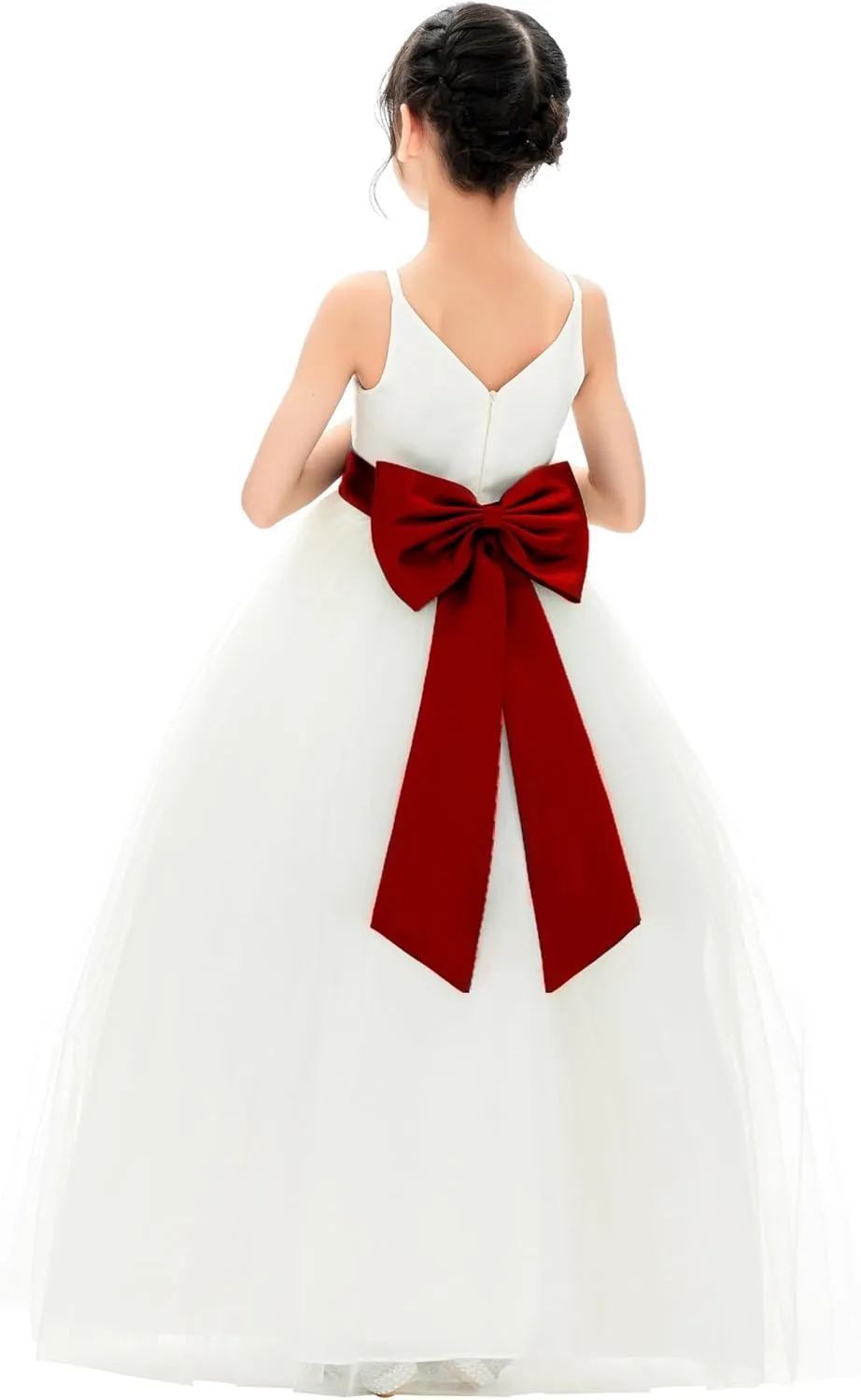 Ivory V-Neck Tulle Flower Girl Dress with Tiebow for Pageant Wedding 218noFT