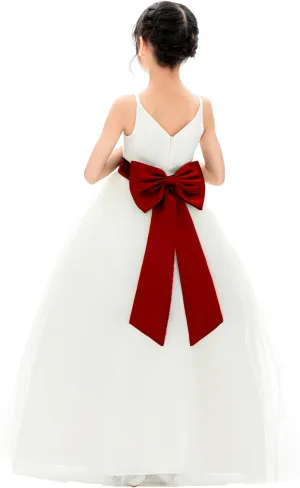 Ivory V-Neck Tulle Flower Girl Dress with Tiebow for Pageant Wedding 218noFT