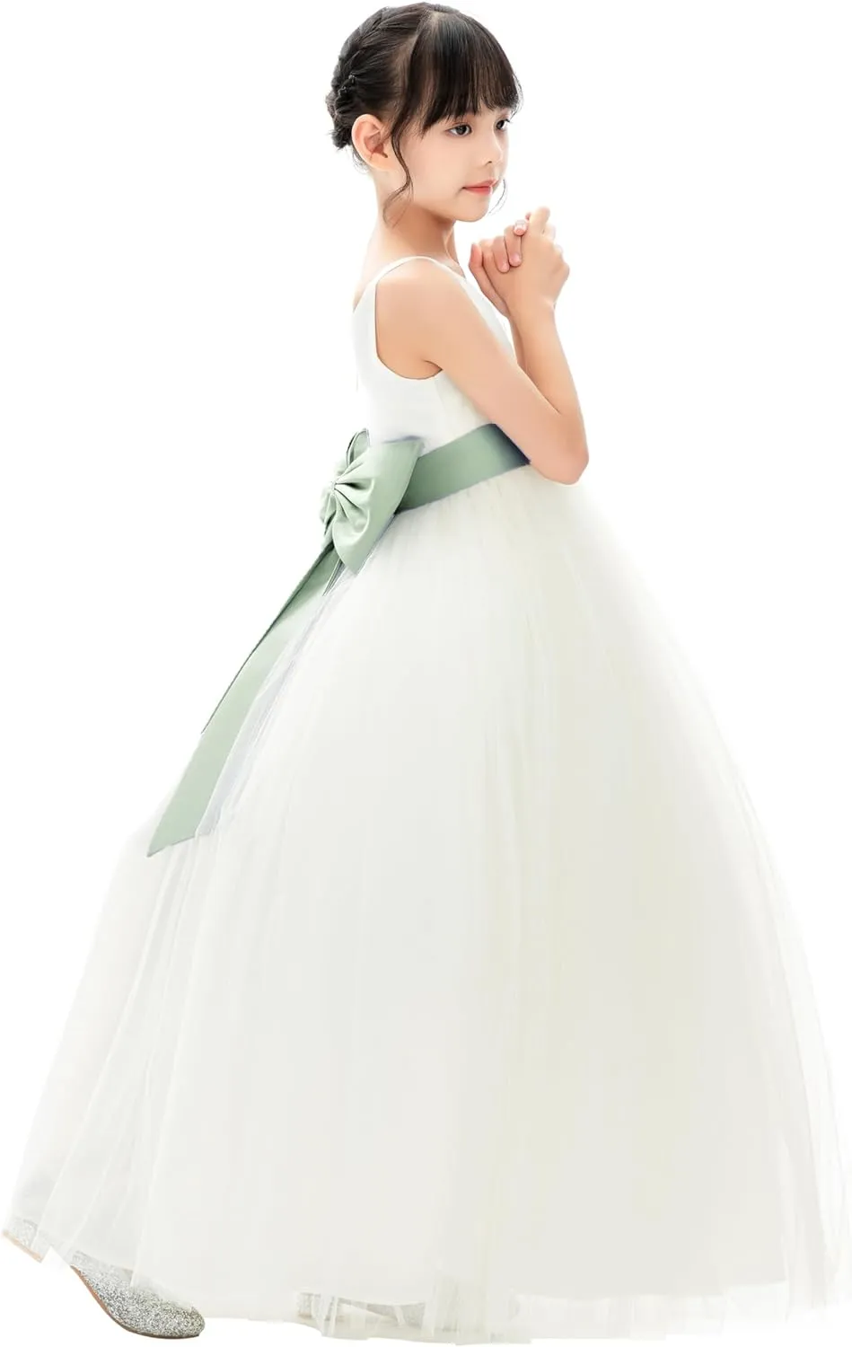 Ivory V-Neck Tulle Flower Girl Dress with Tiebow for Pageant Wedding 218noFT