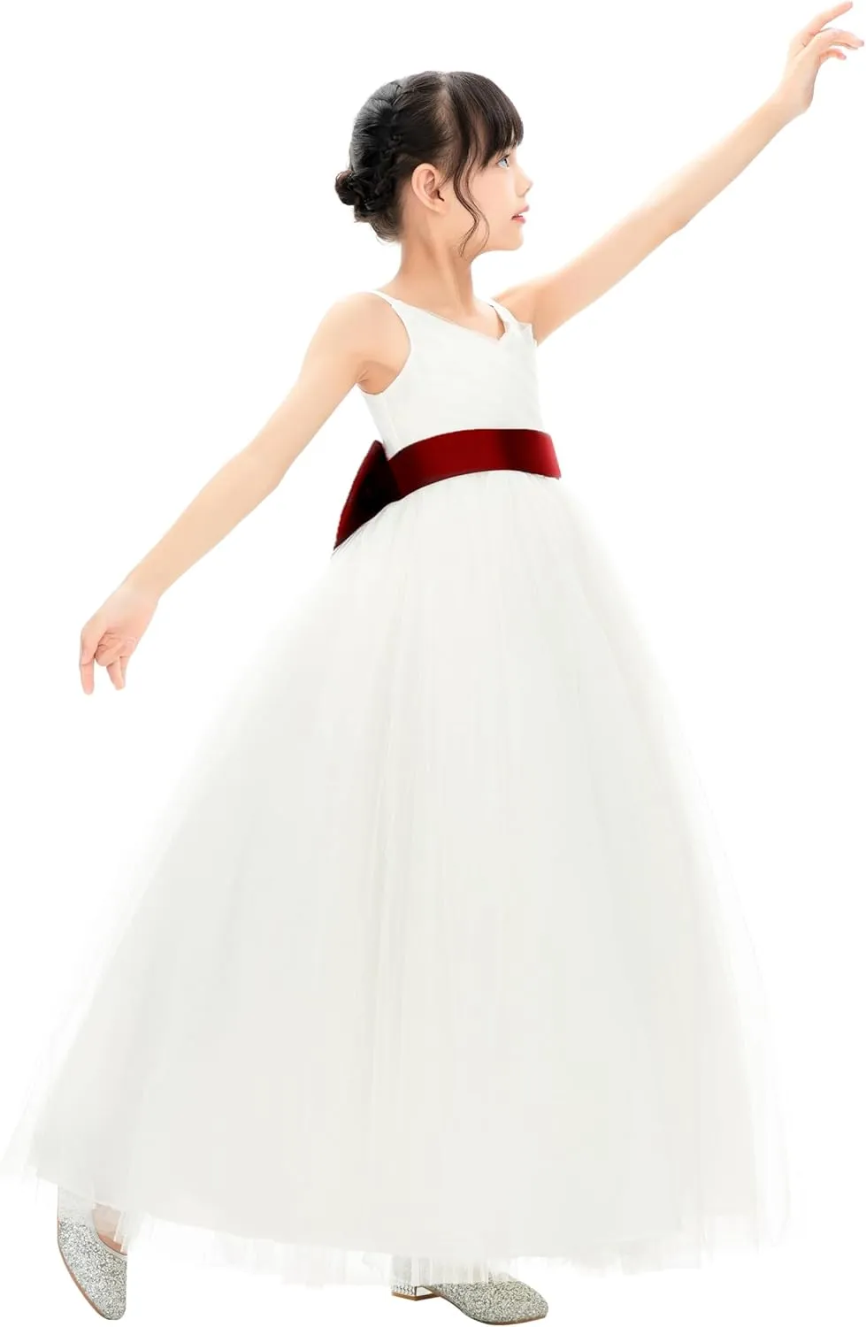 Ivory V-Neck Tulle Flower Girl Dress with Tiebow for Pageant Wedding 218noFT