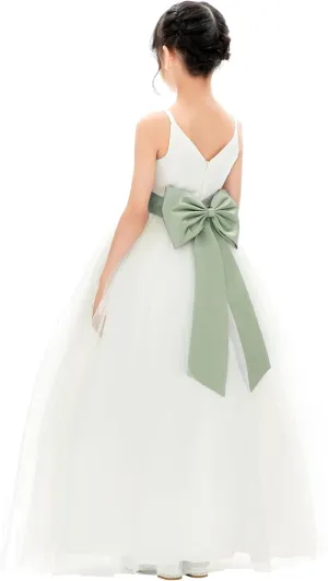 Ivory V-Neck Tulle Flower Girl Dress with Tiebow for Pageant Wedding 218noFT