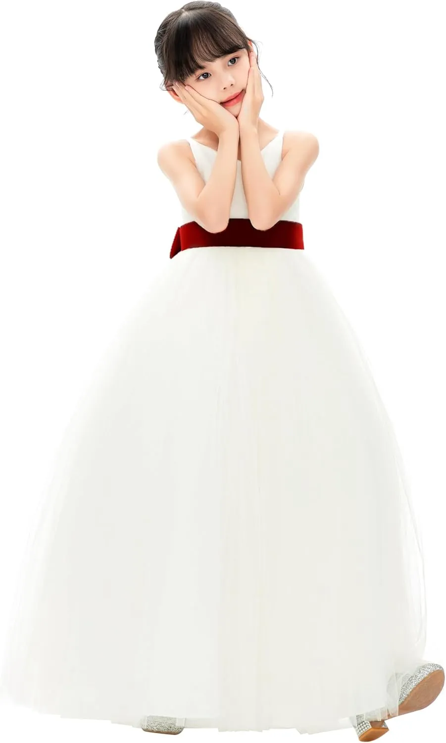 Ivory V-Neck Tulle Flower Girl Dress with Tiebow for Pageant Wedding 218noFT