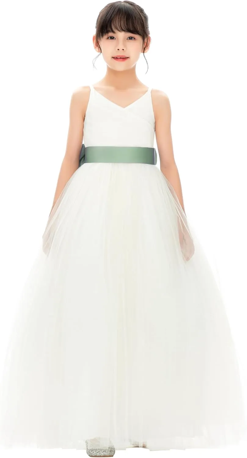 Ivory V-Neck Tulle Flower Girl Dress with Tiebow for Pageant Wedding 218noFT