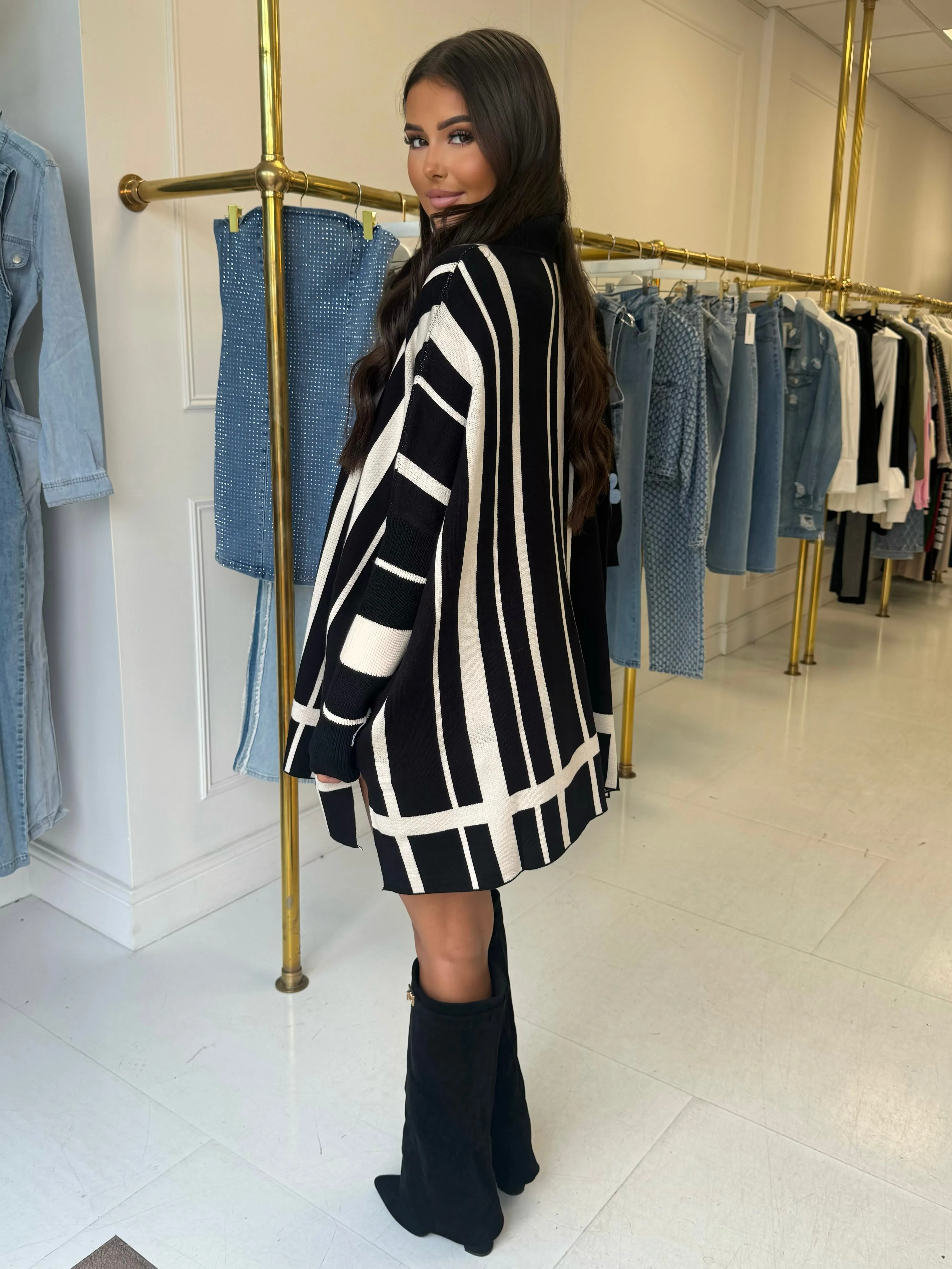 Kirsten Black Stripe Print Roll Neck Jumper