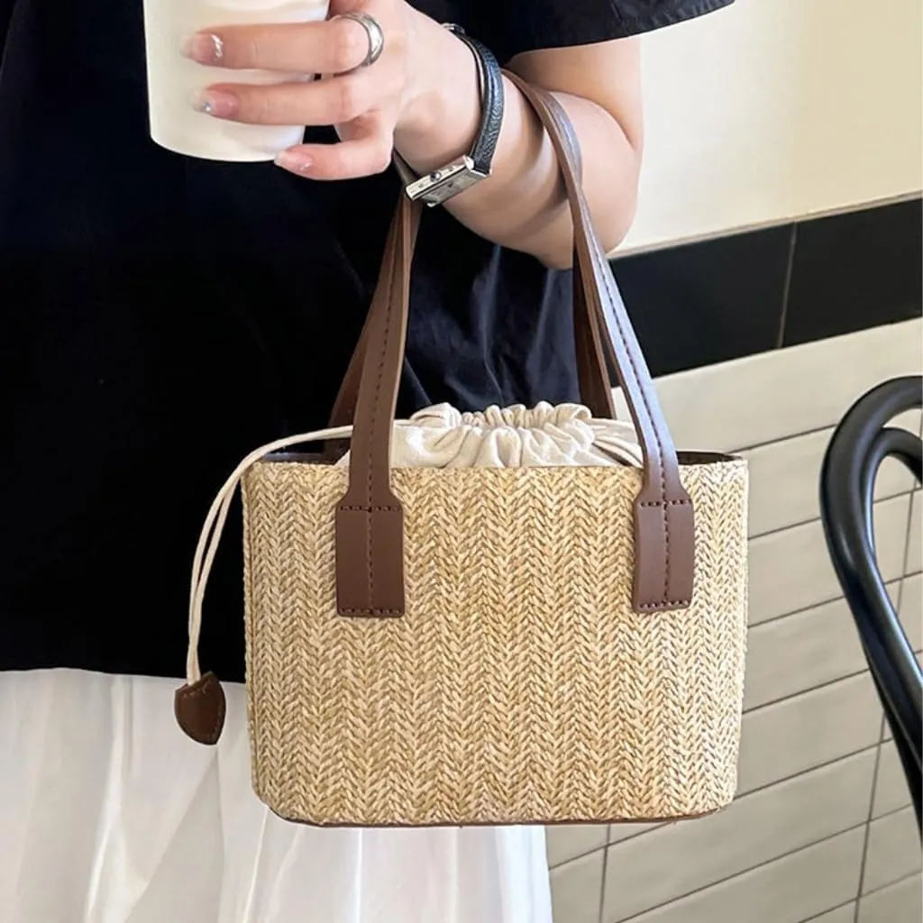Large capacity Bag Simple Straw Handbag with Leather Decoration: Deduce a Casual Style Ladies shoulder Bag