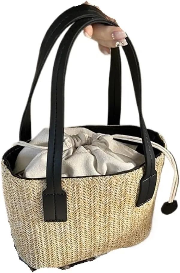 Large capacity Bag Simple Straw Handbag with Leather Decoration: Deduce a Casual Style Ladies shoulder Bag