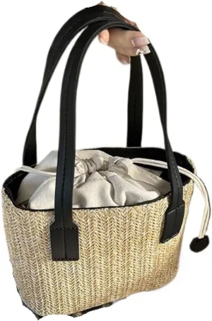 Large capacity Bag Simple Straw Handbag with Leather Decoration: Deduce a Casual Style Ladies shoulder Bag