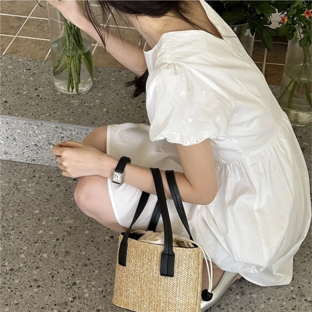 Large capacity Bag Simple Straw Handbag with Leather Decoration: Deduce a Casual Style Ladies shoulder Bag