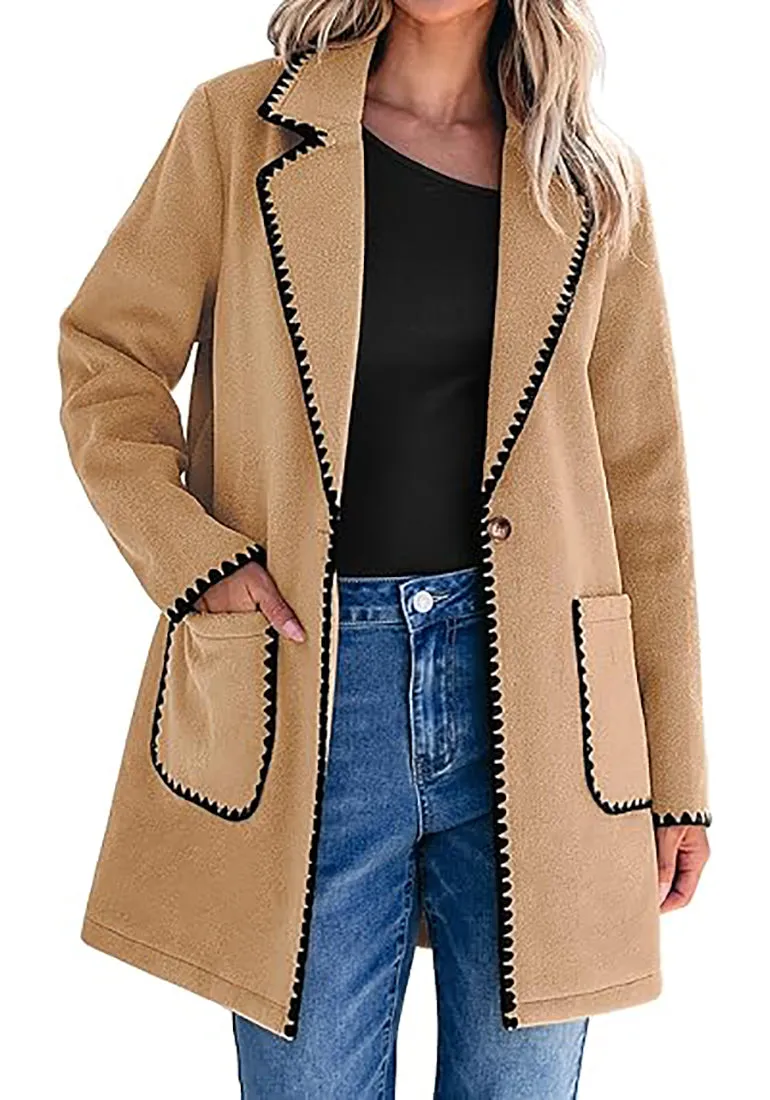 LUVAMIA Women Casual Lapel Long Sleeve Trench Coat Blazer Jacket Front Button No Stretch Front Pocket