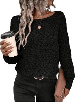 MakeMeChic Women's Textured Boat Neck Long Sleeve Loose Fit Casual Pullover Sweater Knit Tops