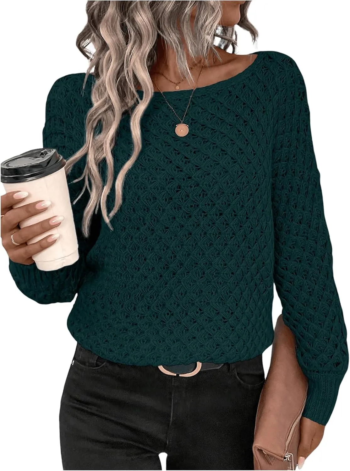MakeMeChic Women's Textured Boat Neck Long Sleeve Loose Fit Casual Pullover Sweater Knit Tops