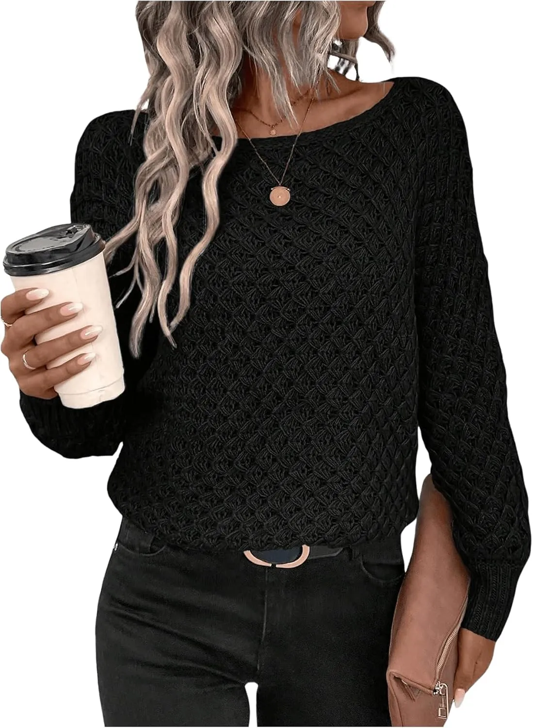 MakeMeChic Women's Textured Boat Neck Long Sleeve Loose Fit Casual Pullover Sweater Knit Tops