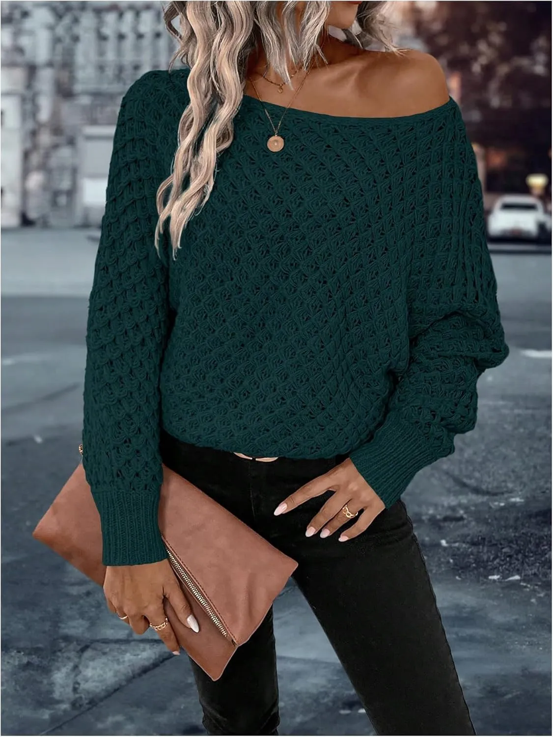 MakeMeChic Women's Textured Boat Neck Long Sleeve Loose Fit Casual Pullover Sweater Knit Tops