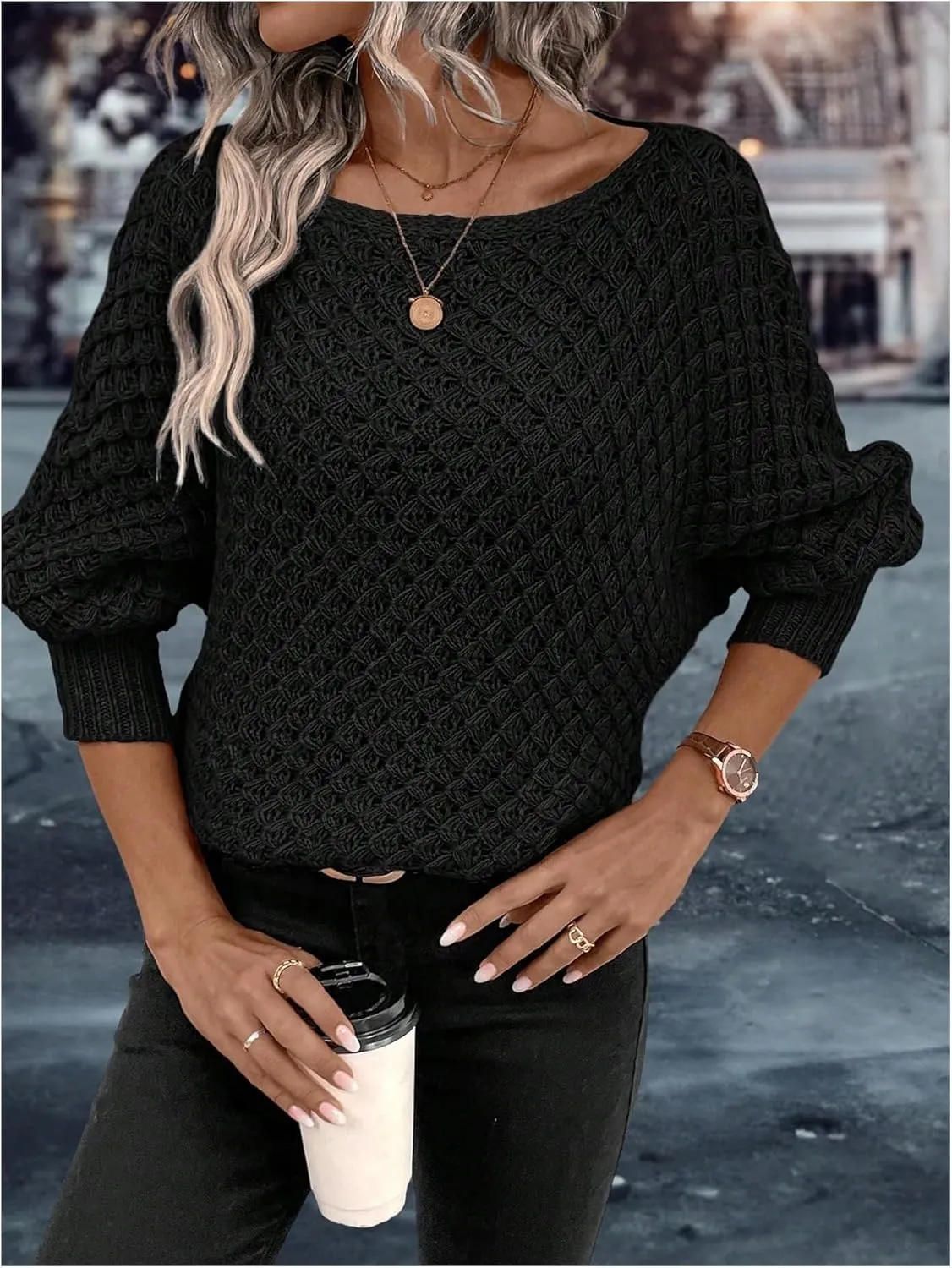 MakeMeChic Women's Textured Boat Neck Long Sleeve Loose Fit Casual Pullover Sweater Knit Tops