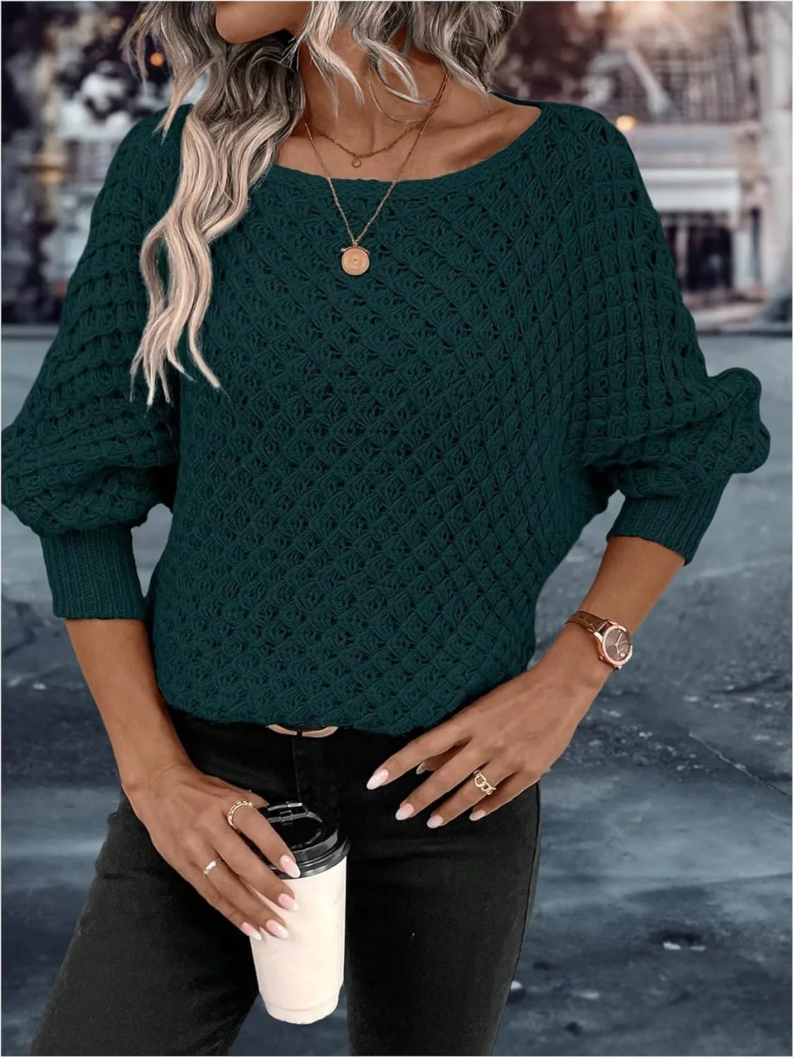 MakeMeChic Women's Textured Boat Neck Long Sleeve Loose Fit Casual Pullover Sweater Knit Tops