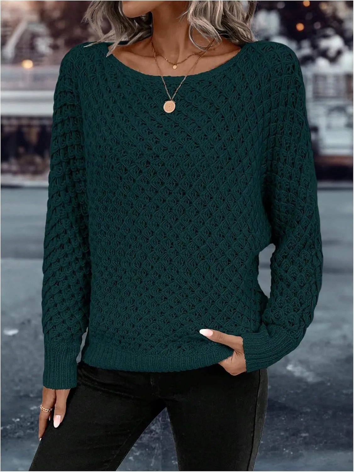 MakeMeChic Women's Textured Boat Neck Long Sleeve Loose Fit Casual Pullover Sweater Knit Tops