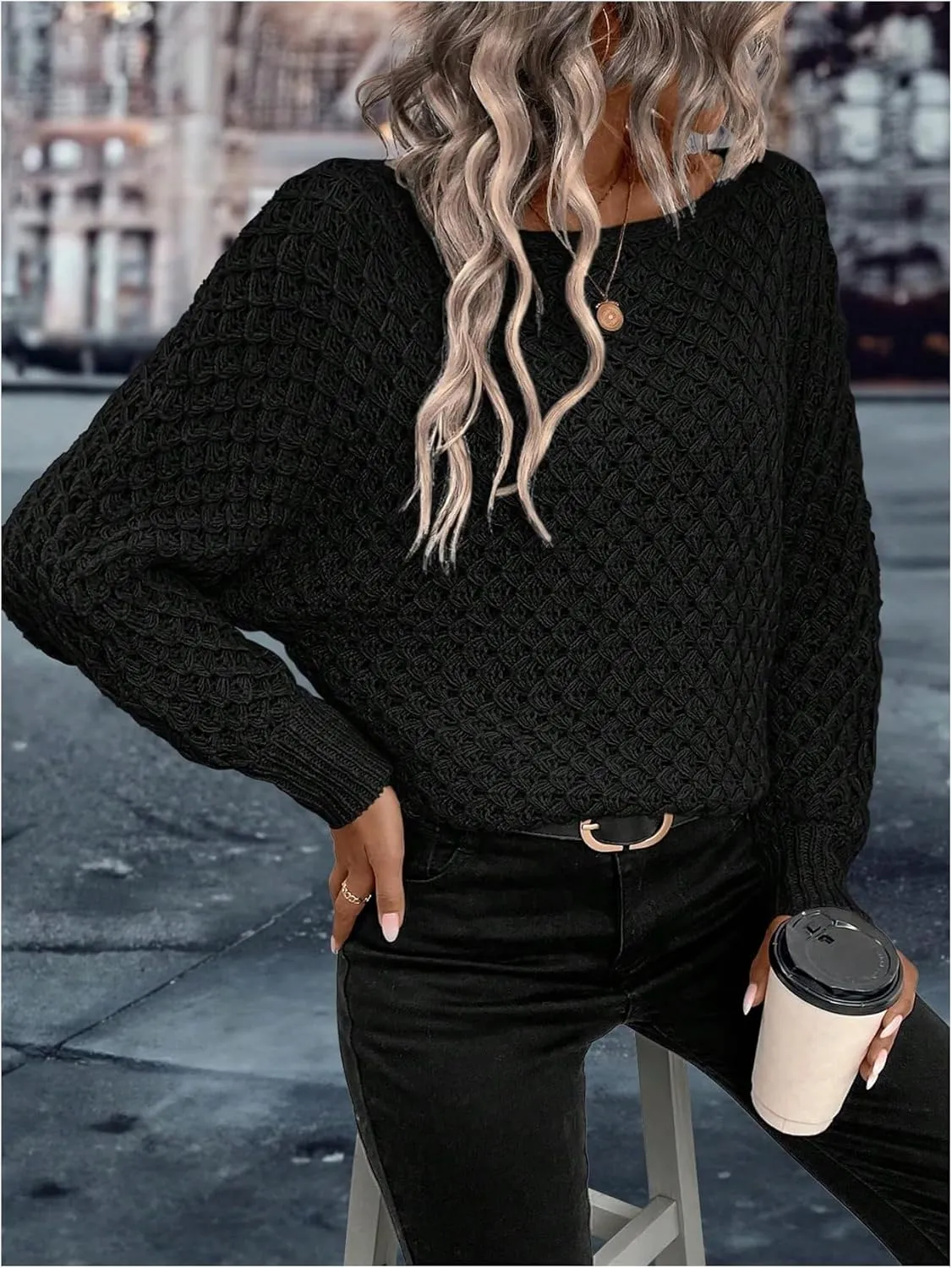 MakeMeChic Women's Textured Boat Neck Long Sleeve Loose Fit Casual Pullover Sweater Knit Tops