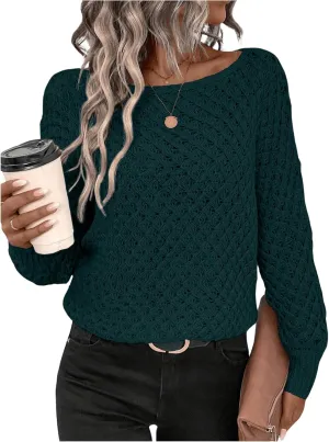 MakeMeChic Women's Textured Boat Neck Long Sleeve Loose Fit Casual Pullover Sweater Knit Tops