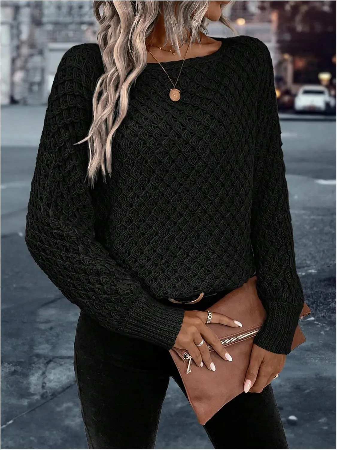 MakeMeChic Women's Textured Boat Neck Long Sleeve Loose Fit Casual Pullover Sweater Knit Tops