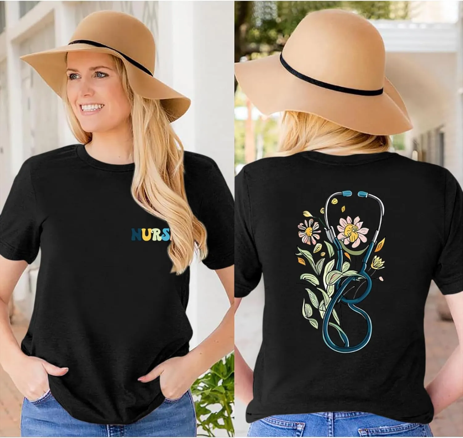 Nurse Graphic Shirts for Women Boho Floral Nurse Life T Shirt Stethoscope Oversized Graphic Tees Nurses Day Gifts